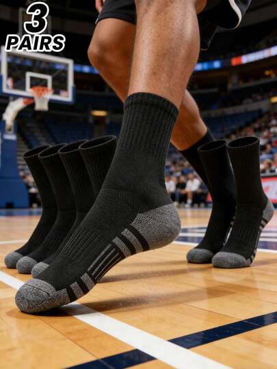3 Pairs Basketball Socks For Men, Tall Crew Length, Non-Slip, Cushioned, Durable Athletic Socks, Black, For Gym, Fall