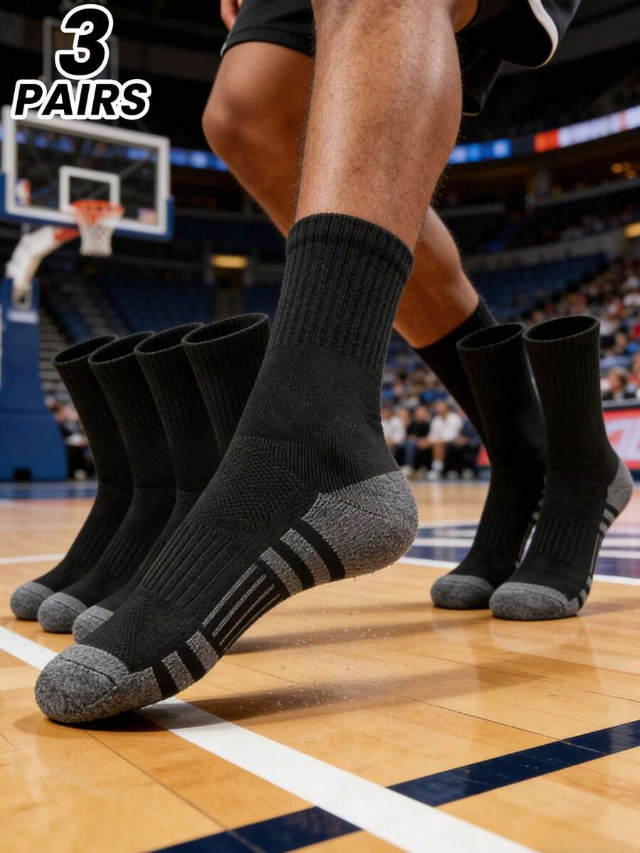 3 Pairs Basketball Socks For Men, Tall Crew Length, Non-Slip, Cushioned, Durable Athletic Socks, Black, For Gym, Fall - Black - View 1