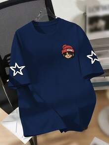 Cartoon Print Round Neck T-Shirt For Teenage Boys, Soft And Casual Summer Top, Suitable For Teenage Boys To Wear, Comfortable And Fashionable - Navy Blue - View 3