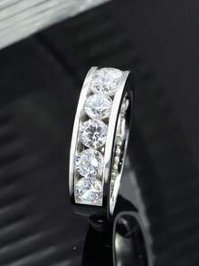 1pc S925 Silver Sparkling Round Cut Simulated Moissanite Ring - Ideal For Everyday Wear, Parties, Anniversaries, Weddings, Lab-Grown Gemstone, Banquets, Father's Day Gift - Silver - View 7