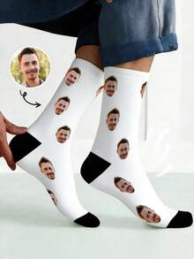 1 Pair Customizable Text Printed Funny Face Long Socks, Can Customize Photos And Names, Interesting Couple Customized Pattern Socks, Suitable For Valentine's Day, Birthday, Christmas And Other Occasions - Black - View 2