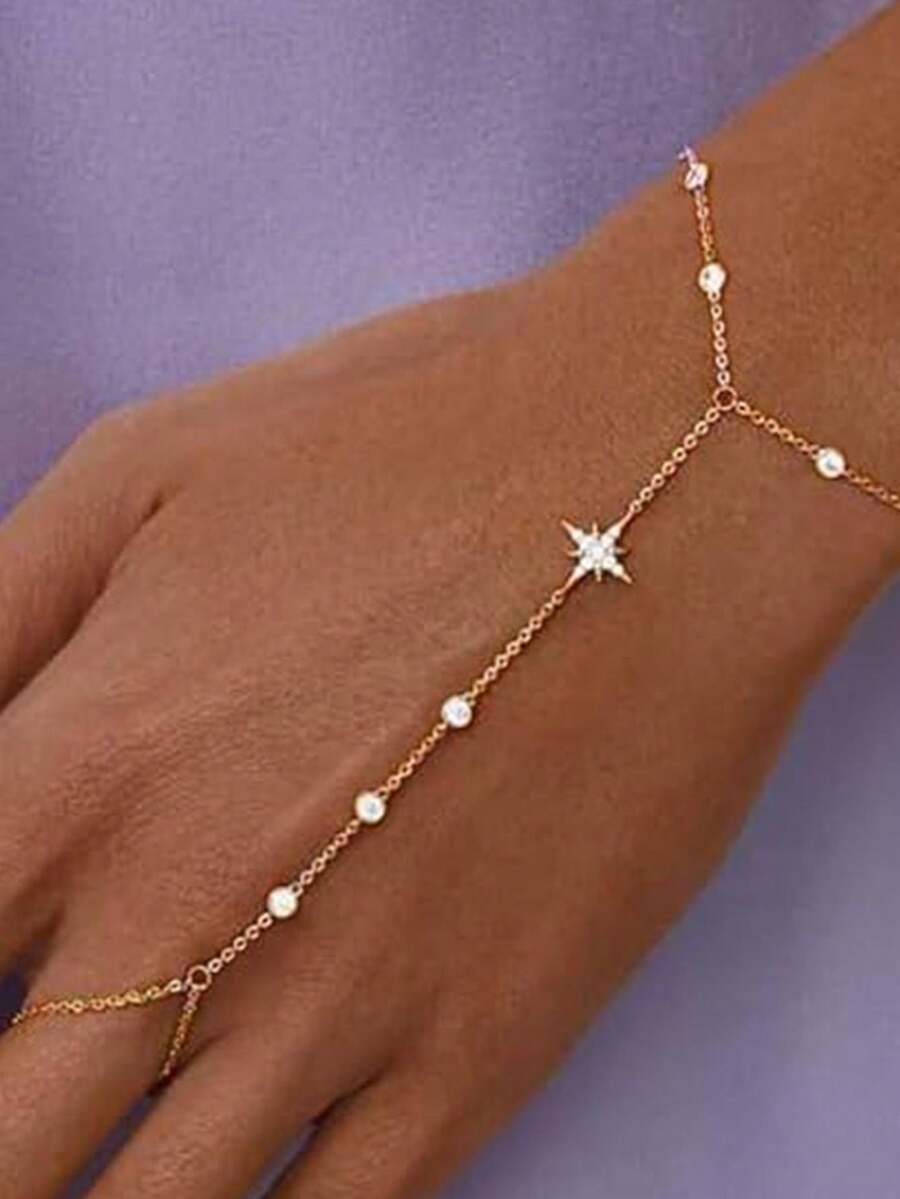 新款金色开斋节星形指环手链，女士夏季百搭高端水钻一体式手链，带戒指首饰 - 金色 - 查看 1