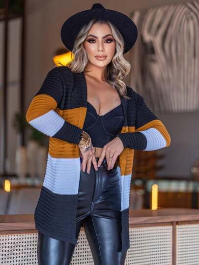 Casaco Cardigan Tricolor Feminino Manga Longa Tricot Listado Estiloso e Aconchegante de Inverno