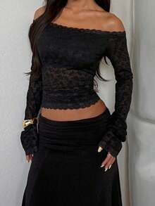 Women's Autumn Black Lace Trim Patchwork Waist-Cinching Casual Outing Top Back To School - Black - View 5