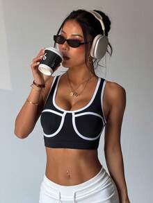 Women's Fashionable Solid Color Removable Padded Crew Neck Sleeveless Mesh Patchwork Back Sports Knit Bra - Black - View 4