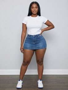 大码女式基本款中腰修身牛仔迷你裙，版型修身，适合日常通勤 - 中等水洗藍 - 查看 3