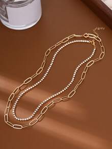 2pcs Fashionable Minimalist Paperclip & Rhinestone Multilayer Chain Necklace (Random Quantity Of Chain Rings) - Yellow Gold - View 2