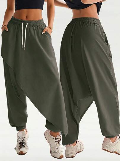 1条女士弹力腰哈伦裤，复古嘻哈风格，适合户外运动、街头穿着、跑步、跳舞、徒步旅行、通勤、休闲穿着，四季皆宜。