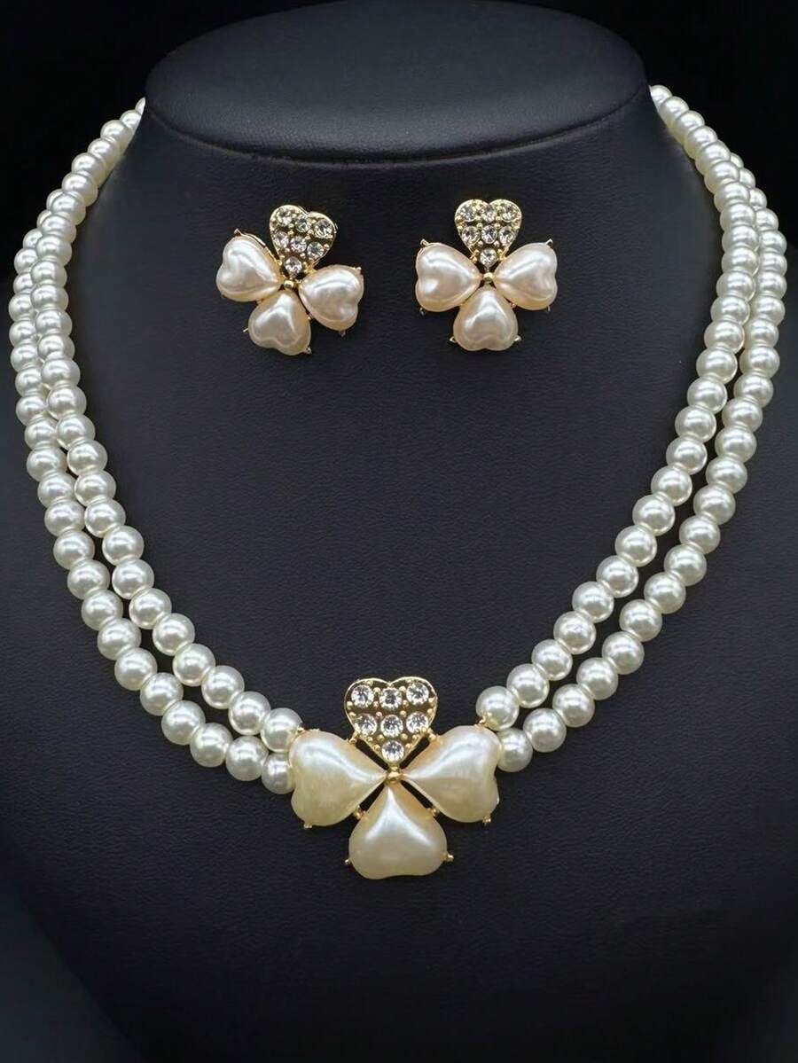 3pcs/Set Elegant Vintage Baroque Faux Pearl Heart & Four-Leaf Clover Jewelry Set, Including Earrings And Necklace, Suitable For Women's Holidays, Dates, Banquets, Anniversary Gifts, Valentine's Day, Mother's Day Gifts, Jewelry Gifts