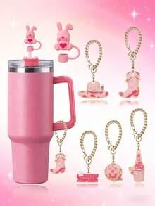 2件套硅胶吸管装饰，可爱兔子造型吸管帽，牛仔布挂饰，复古挂饰，DIY配件，保温杯的完美配件，让你的保温杯更时尚亮丽，更容易辨认，硅胶吸管帽适用于30盎司和40盎司的保温杯。 - 粉色 - 查看 2