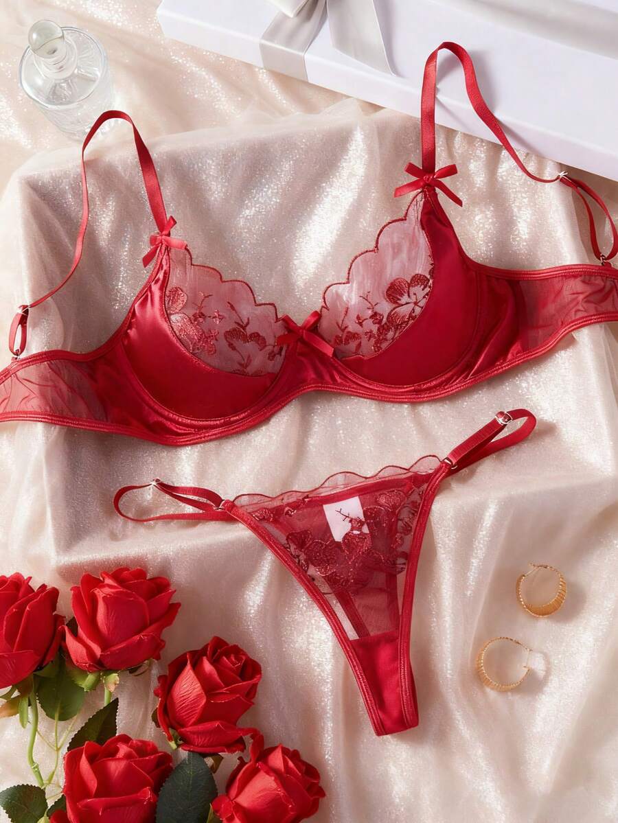 2-Piece Valentine's Day Women's Classic Sexy Red Bow & Floral Embroidered Lace Sheer Lingerie Set - Burgundy - View 1