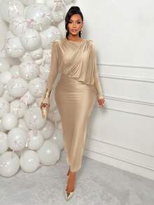 AIJ Vestido asimétrico de cuello brillante de punto de elegancia para mujer Amarilo, vestido ajustado ajustado con pliegues en la cadera, línea H con dobladillo dividido, perfecto para fiesta, boda, cita y oficina en primavera - Caqui - Ver 4