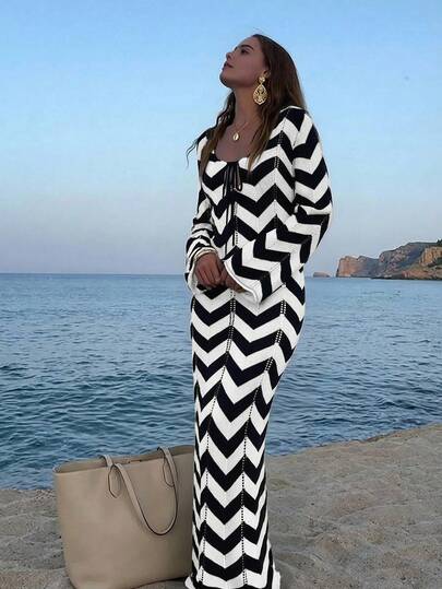 Women's Fashion Elegant Simple Mature Vacation Knit Cover-Up Dress, Beach Resort Wear, Summer