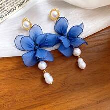 1 Pair Elegant & Delicate Flower Dangle Earrings, Suitable For Daily Wear - Blue - View 6