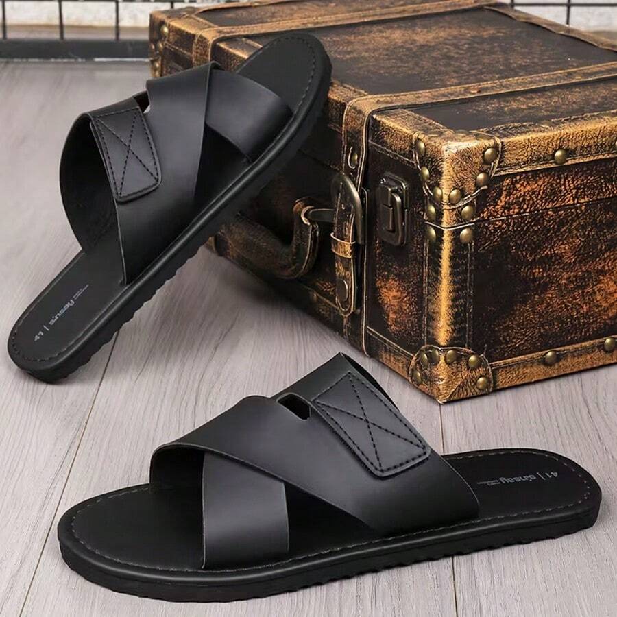 男士夏季时尚人字拖，休闲防滑室内家居拖鞋，户外假日复古经典双扣沙滩凉鞋，沙滩/假日/运动/健身，可调节季节性男鞋 - 黑色 - 查看 1