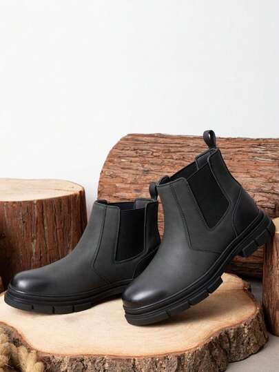 SHOESMALL Men's Black PU Chelsea Boots Casual Slip On Boots For Men Ankle Waterproof Elegant Dress Boots