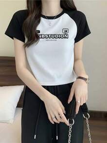 新款夏季女款短版T恤，短袖修身拼接撞色短版上衣，Ins風休閒款 - 黑拼白 - 查看 4