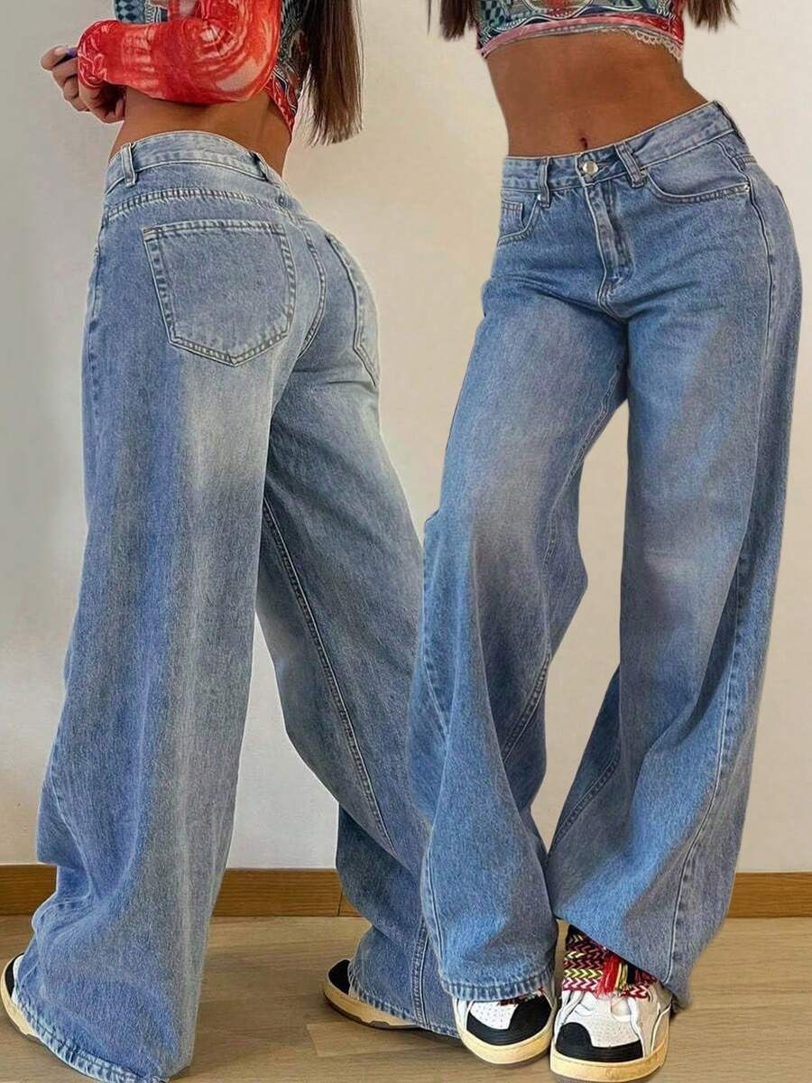Valentine's Day Wide Leg Jeans For Women, Mid Rise Baggy Jeans Plus Size Boyfriends Denim Pants, Y2K Vintage Style Spring Clothes - Rửa tối - Xem 1