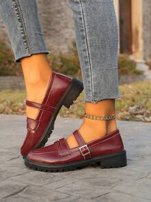 Spring/Autumn New Retro British Style Round Toe Flat Mary Jane Shoes, Versatile - Burgundy - View 3