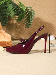 Sepatu hak tinggi runcing wanita 10,5 cm, model stiletto elegan dengan tali belakang, hiasan pita yang cantik, warna burgundy yang seksi, nyaman & serbaguna untuk sehari-hari, pesta, liburan, dan kencan. - Burgundy - View 7