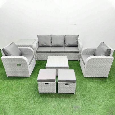  Fimous Garden Furniture Sets 7 Seater Wicker Rattan Furniture Patio Sofa Sets With Reclining Chair 3 Seater Sofa Side Table 2 Small Footstools Light Grey
