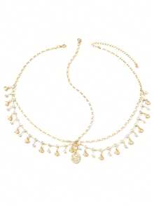 1件装 女孩合金水钻镶嵌贝壳多层流苏几何链条贝壳发箍 - 金色 - 查看 5