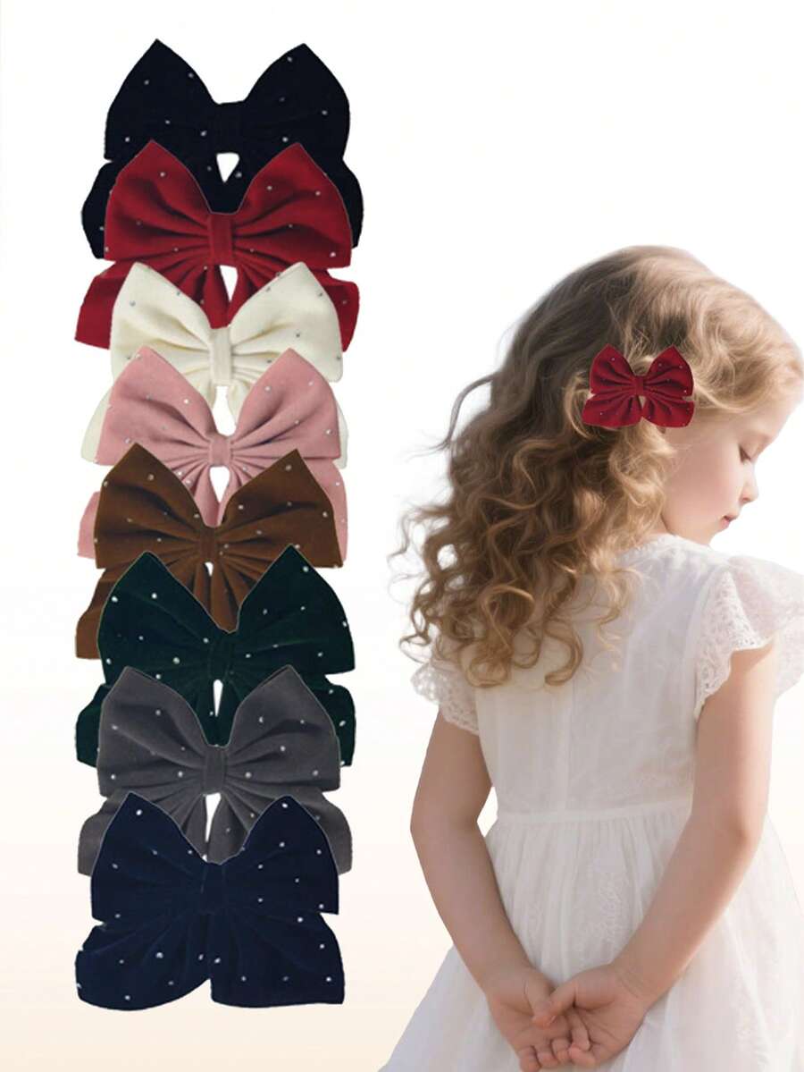 8件装女孩布艺水钻毛绒蝴蝶结发夹发卡发饰 - 彩色 - 查看 1