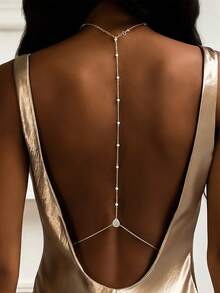 1 pieza Cadena de espalda con borla de perlas larga, sencilla cadena corporal para vestido de novia sin espalda - Dorado - Ver 2