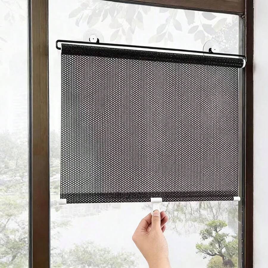 No Drill Suction Cup Balcony Sunshade Curtain, Bedroom Blackout Curtain, Home/Office Retractable Anti-UV Roller Blind - Black - View 1