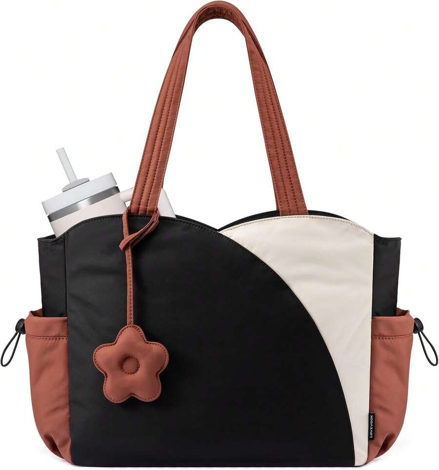¡RecomendadoLOVEVOOK - Bolsas de mano para mujer, bolsa de trabajo acolchada para portátil con cremallera, bolsas de mano grandes para mujer con compartimentos para la escuela y el profesor de viaje¡Top de Temporada - Café-beige-rosa - Ver 1