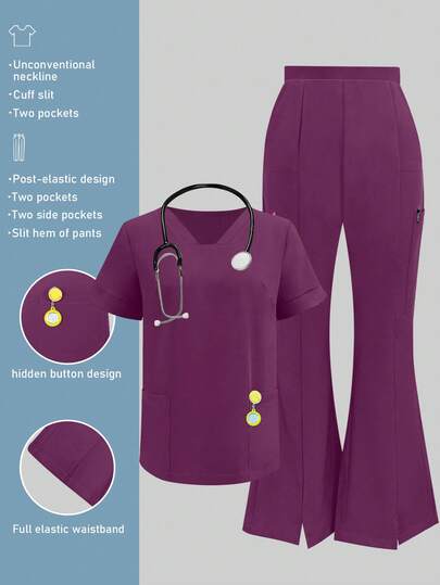 Conjunto de uniforme de enfermería de unicolor con top de cuello en V de manga corta y pantalones largos con abertura, ropa de trabajo para clínica veterinaria o hospital con bolsillos