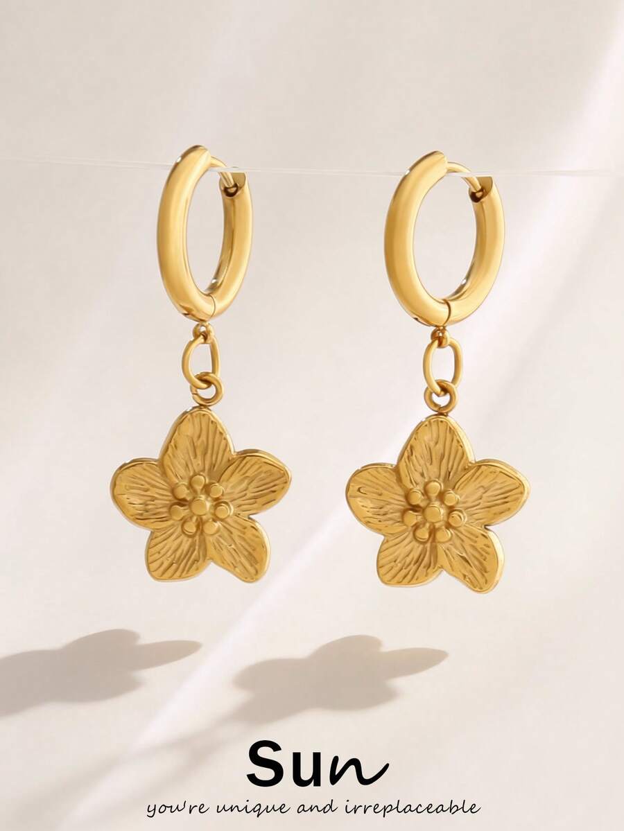 1对不锈钢花朵吊坠耳环 时尚18K PVD镀层圆形耳环 女士首饰 - 花耳環 - 查看 1