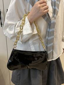 1pc Metallic Gold Chain Decor One Shoulder Underarm Baguette Bag - Black - View 5