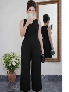 Santissue Polyester Jumpsuit, Wide-Leg, Office Style, Summer, Boat Neck - Black - View 1