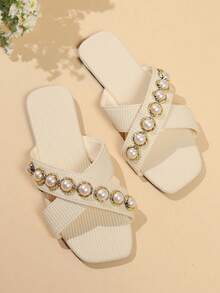 女士时尚平底凉鞋，波点蝴蝶结套脚拖鞋，女士休闲夏季沙滩鞋，方头平底鞋 - 米色 - 查看 9