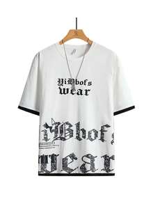 男士字母图案T恤，休闲时尚日常穿着圆领短袖上衣 - 白色 - 查看 2