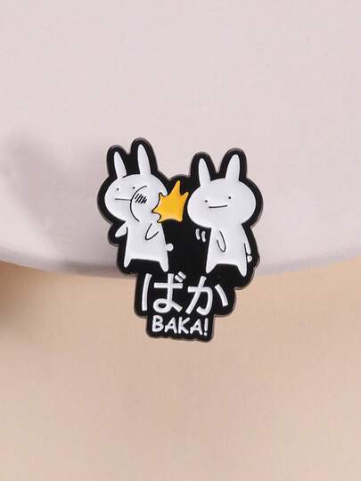 1pc Japanese Anime Slogan Enamel Badge, Rabbit Interaction Slap Shape Silly Phrase Badge In Black, White And Yellow, Suitable For Anime Fans, Funny Social Decoration And Japanese Humor Expression