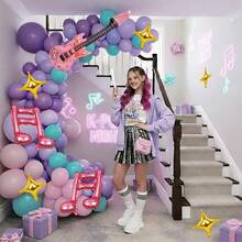 118件K-Pop音樂主題氣球拱門套裝，包含吉他、音符箔氣球，紫色、綠色、粉色乳膠氣球，適用於K-Pop主題音樂活動、畢業舞會、搖滾主題、嘻哈流行卡拉OK派對裝飾、夏季派對 - 彩色 - 查看 4