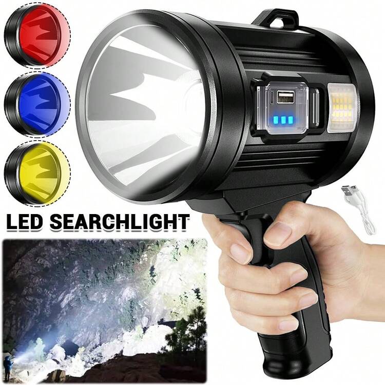 Rechargeable Spotlight, 1000,000 Lumens Handheld Hunting Flashlight Led Spot Light With Cob Light And Solar Panels For Camping - Black - View 1