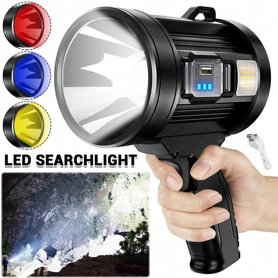 Rechargeable Spotlight, 1000,000 Lumens Handheld Hunting Flashlight Led Spot Light With Cob Light And Solar Panels For Camping - Black - View 1