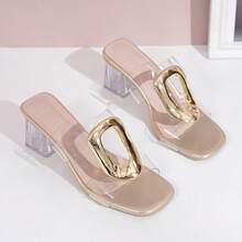 Tacones altos de punta cuadrada para mujeres, casuales y versátiles, con hebilla de metal y tacón de cristal - Dorado - Ver 5