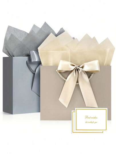 20pcs Champagne Silver Gray Gift Bag Set, Including 1 Gift Bag, 1 Tissue Paper, 1 Bow, 1 Card, 3 Sizes, With Ribbons, Suitable For Wedding, Birthday, Baby Shower, Thanksgiving, Anniversary, Valentine's Day, Celebration
