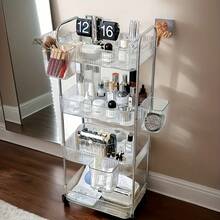 3/4-Tier Acrylic Multi-Use Rolling Cart, Modern Clear Design With Alloy Handle & 360° Wheels + Hanging Storage, Portable Organizer For Dorm/Bar/Kitchen – Perfect For New Year Refresh - 透明色三層結構 + 四個懸掛式花籃 - 查看 8