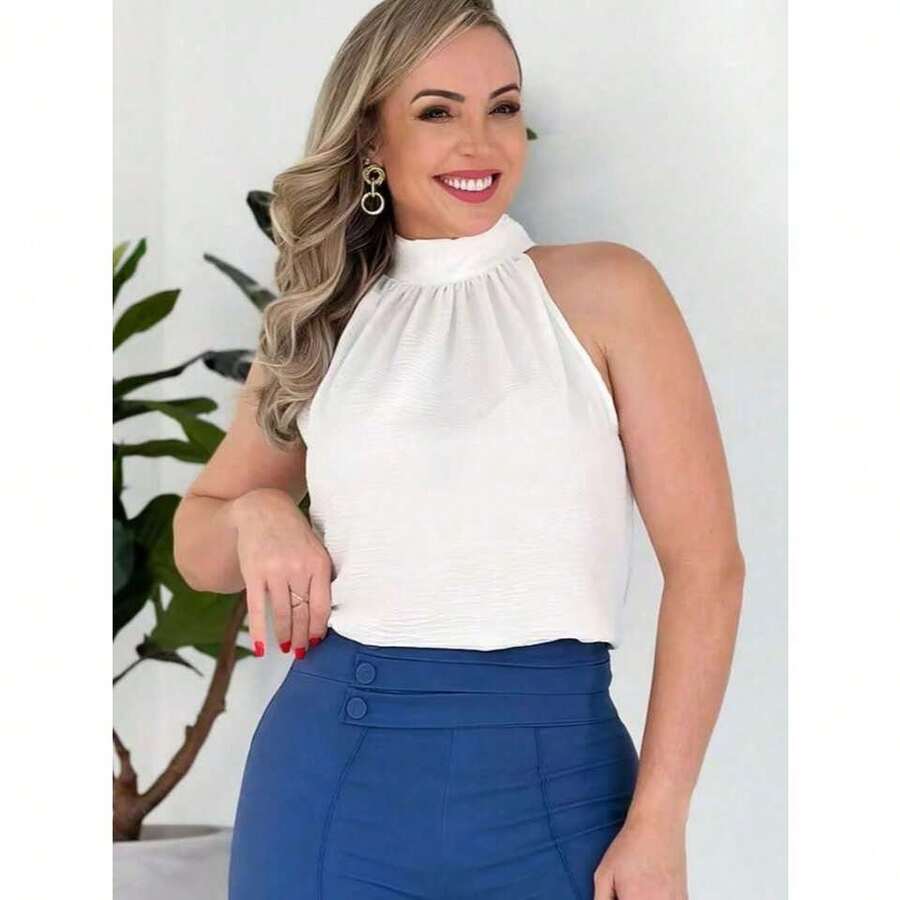 Duna High Neck Blouse With Ruched Detail - Blanco - Ver 1