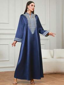 Elegant Women's Ramadan V-Neck Long Kaftan Dress, Fashion Embroidered Robe Suitable For Eid Gathering And Home Wear - Navy Blue - View 5