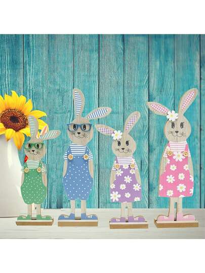 4pcs Easter Wooden Rabbit Figurines - Colorful Cartoon Rabbit Family, Creative Painted Upright Rabbit Home Decor, A Set Of Adorable Wooden Rabbit Decorations Suitable For Easter, Spring And Various Holiday Celebrations