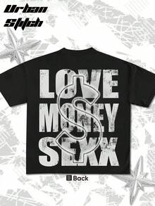 Y2K,The Words 'Money Maker' Printed,Cash & Call Graphic Tee,Fashionable Cotton Men's T-Shirt, , Surprise Gift For Friends And Family, Christmas Drop Shoulder Sleeves Round Neck - 黑色 - 查看 3