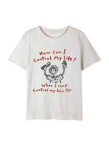 2026 Summer New Women Round Neck Casual Loose English Print Funny Graffiti Pattern Cute Versatile College Student Short Sleeve T-Shirt, 1pc - Light Gray - View 4