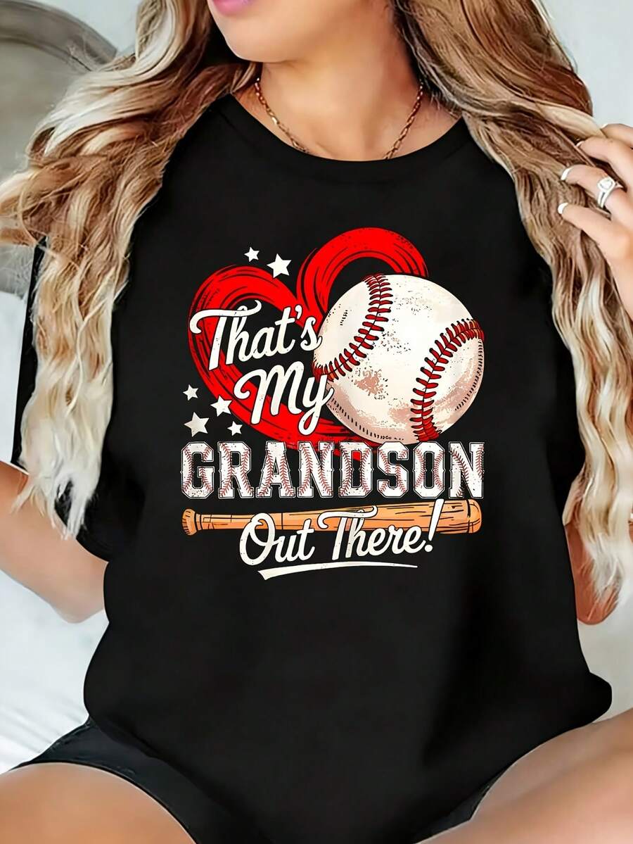 That's My Grandson Out There Baseball Grandma And Grandson 1 Pcs Women's Plus Size T-Shirt Funny Oversized Graphic Short Sleeve Tee Novelty 100% Polyester 220g Shirt Casual Crew Neck Top - 黑色 - 查看 1