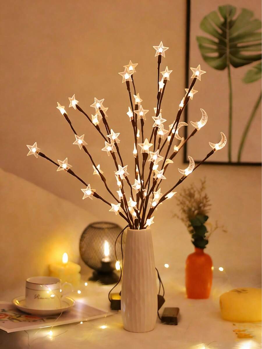 1pc LED Star Moon Branch Decor Light, Artificial Branch Flower Light, LED Desk Lamp, Star Moon Shape, Vase Decor Light, Holiday Decor, Party Landscape Light, Vase/Branch Decor, Holiday Lighting, LED Table Lamp, Bedroom Desk Lamp, Plastic Artificial Table Lamp, Battery Powered (Batteries Not Included), Suitable For Wedding, Engagement, Bedroom, Desk, Home, Living Room, Bedroom - Multicolor - View 1